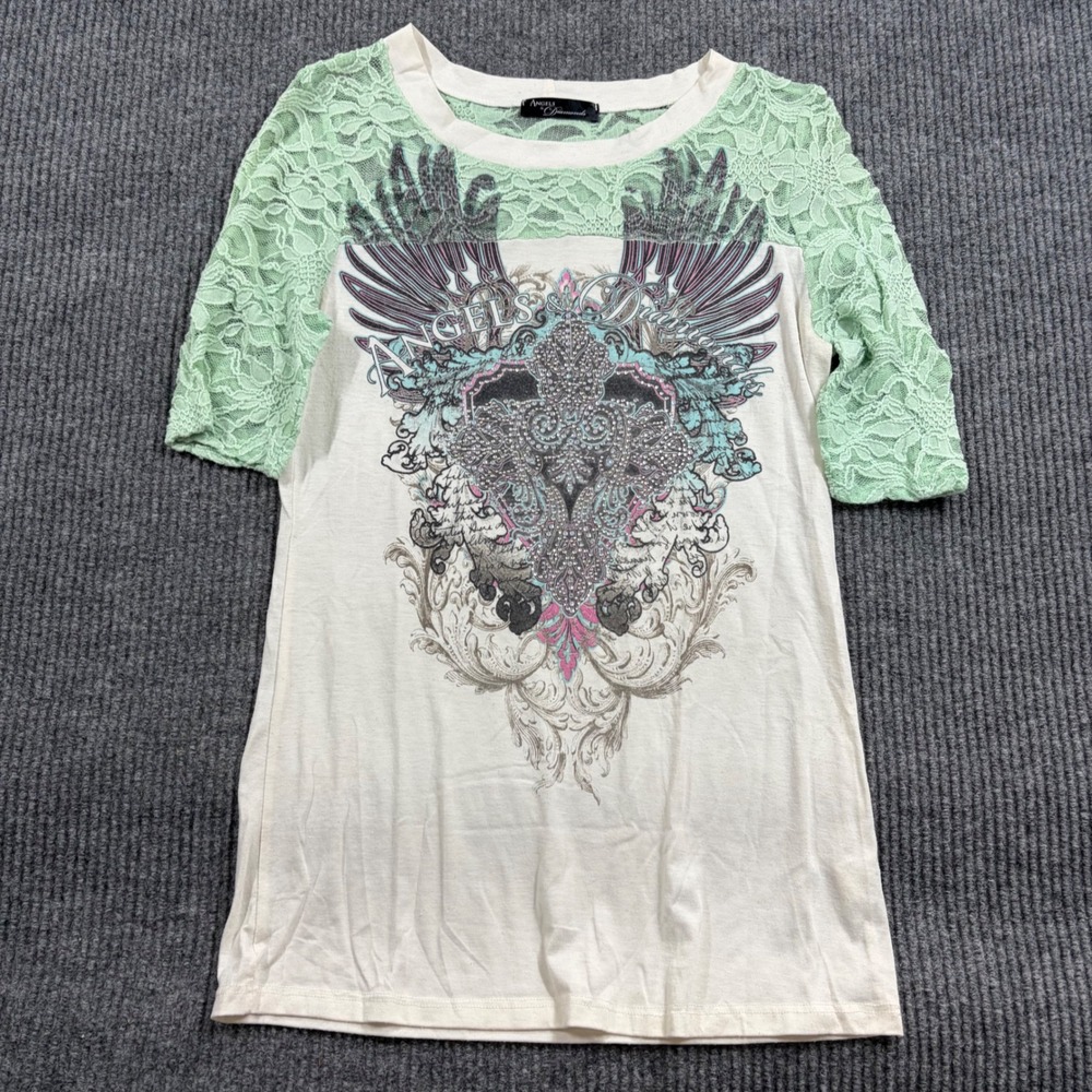 Vintage Angels & Diamonds Shirt Women's S White Grunge Rhinestone Y2K Emo
